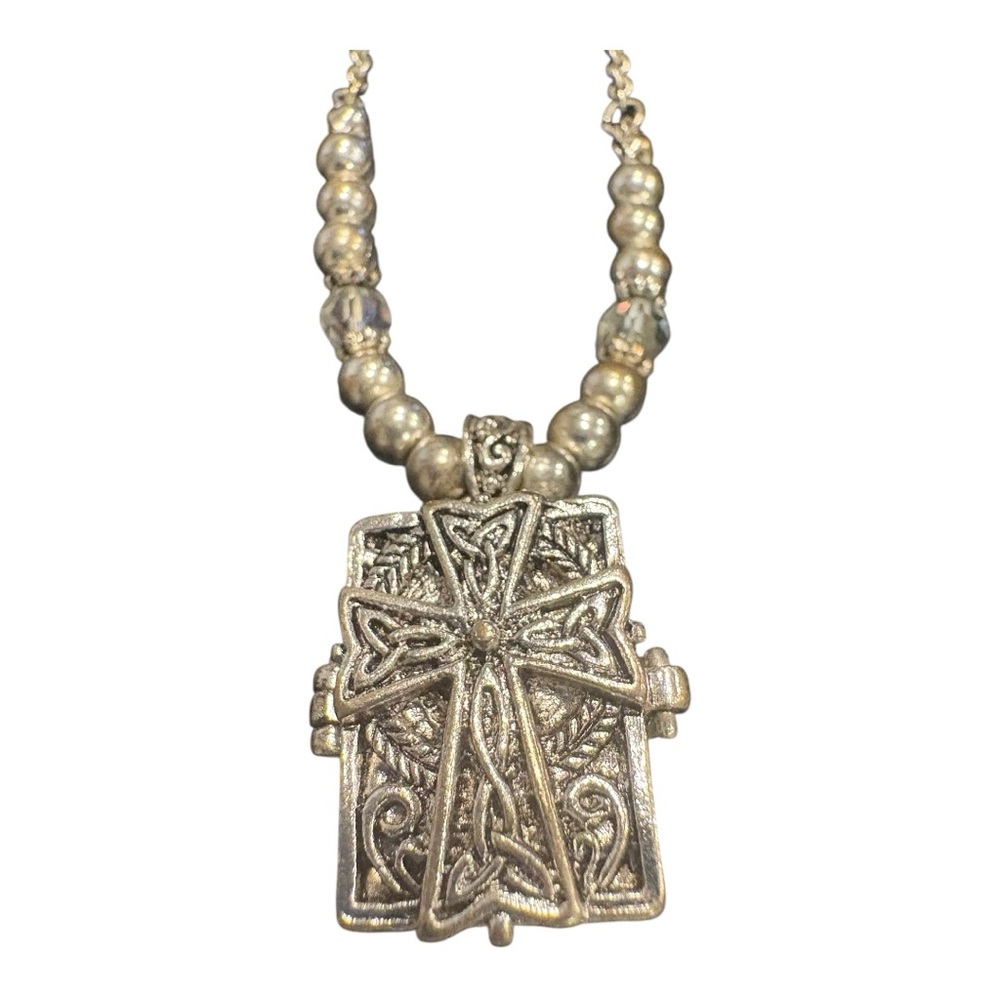 Ornate Silver-Tone Locket Pendant Necklace Celtic Cross Box Charm JB7